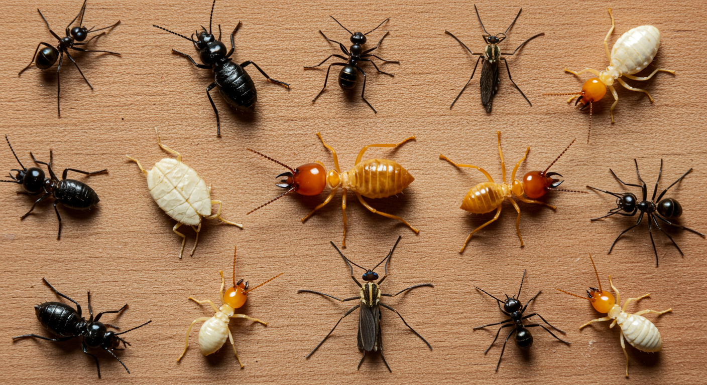 A visually engaging collage of common pests found in Meridian, MS, such as termites, mosquitoes, and ants, arranged artistically on a wooden surface.