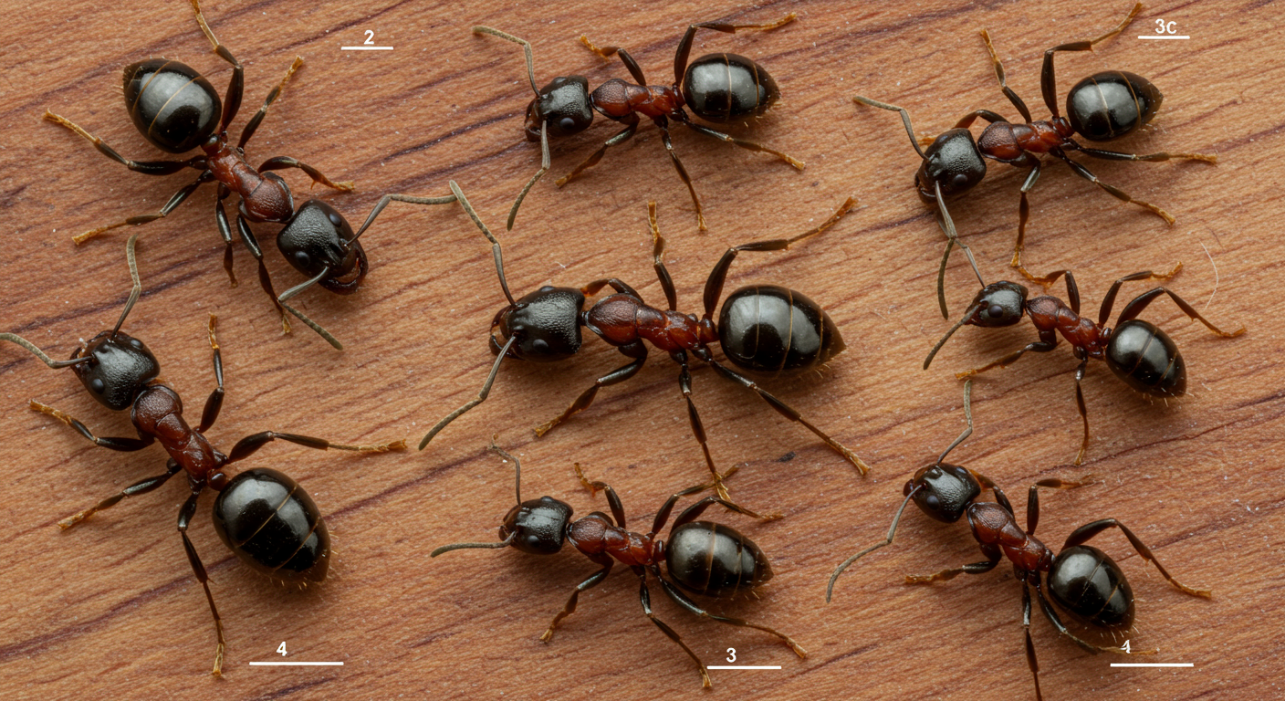 A close-up view of various common ant species found in Jackson, MS, displayed on a wooden surface.