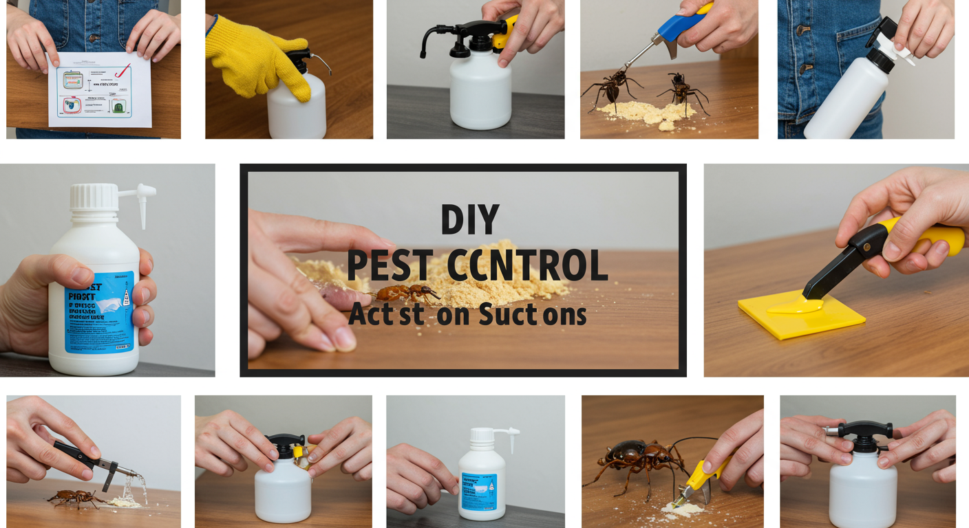 A sequence of images showing the step-by-step process of DIY pest control, including identifying the pest, choosing the right tool, and applying treatment.