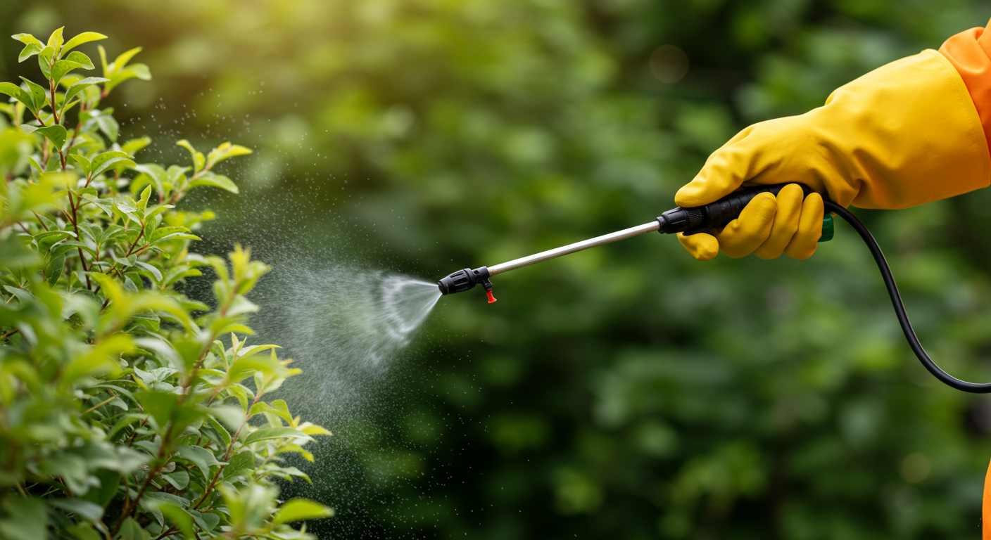 A close-up shot of a pest control technician applying eco-friendly spray in a garden setting, showcasing the action of pest management.