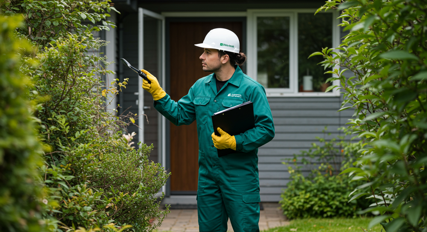 An eco-friendly pest control professional inspecting a home’s exterior, looking for signs of pests. The professional is equipped with natural pest control tools, and the home is surrounded by lush greenery, emphasizing a harmonious relationship with nature.