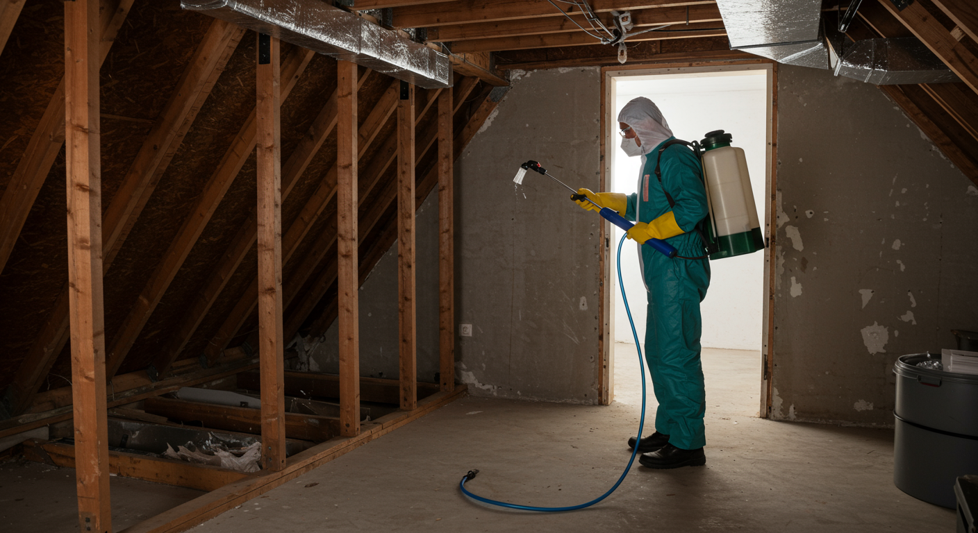 An exterminator applying treatment in a home’s basement or attic, showcasing a methodical approach to pest control.