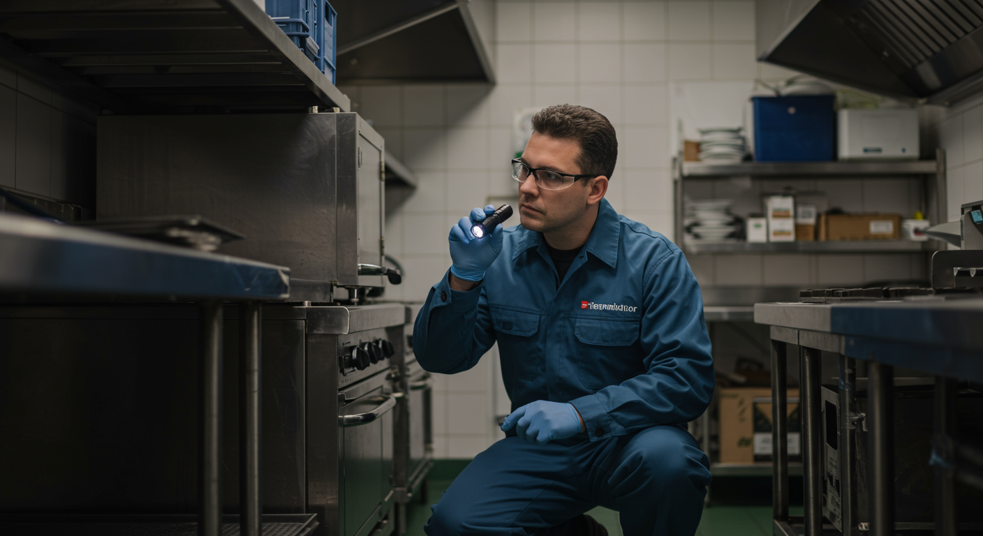 A professional exterminator inspecting a commercial kitchen for pests.
