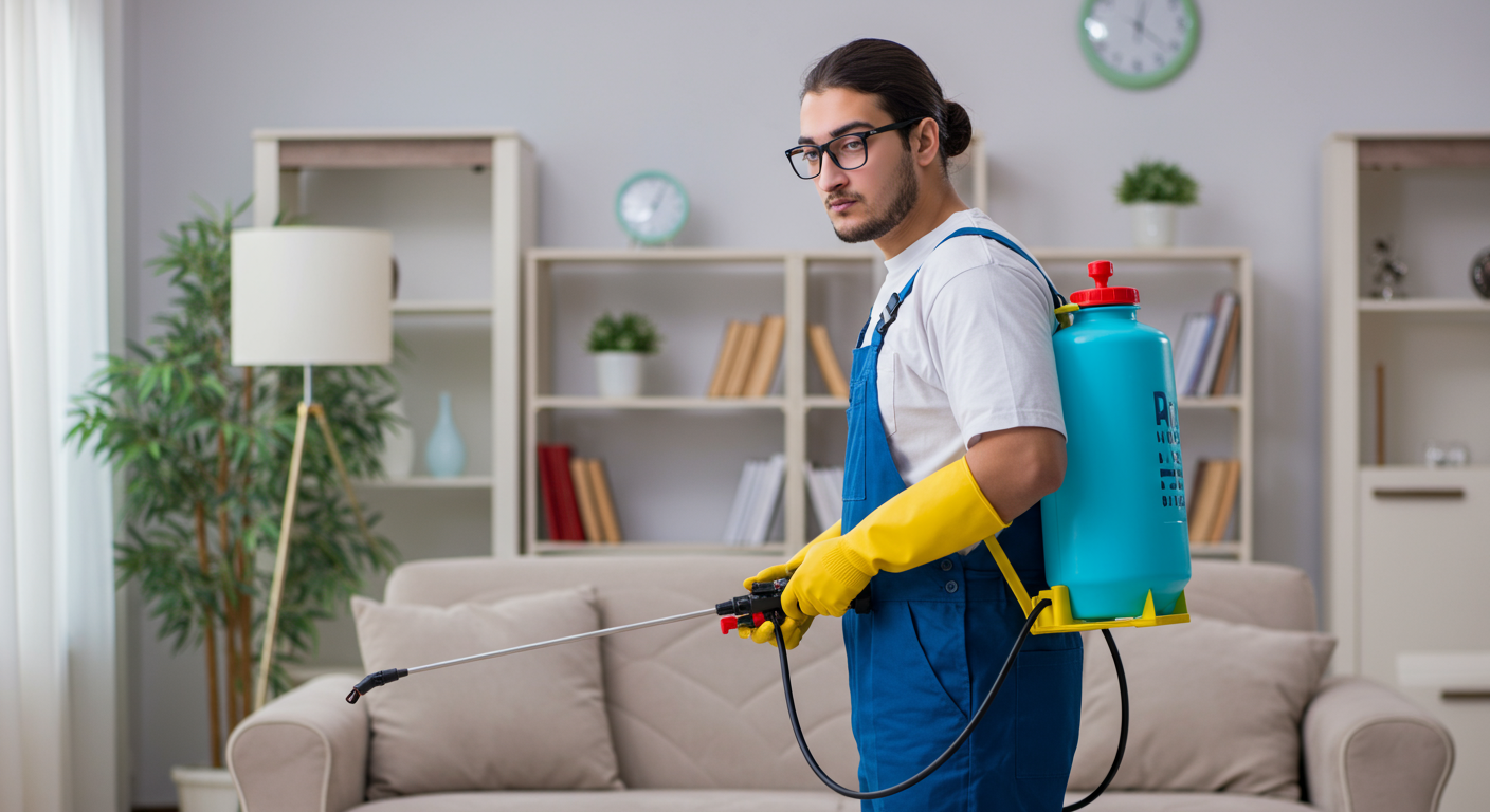A professional pest control technician in uniform, actively treating a home for pests. The technician is using a spray canister in a living room setting, showcasing a clean and safe environment.
