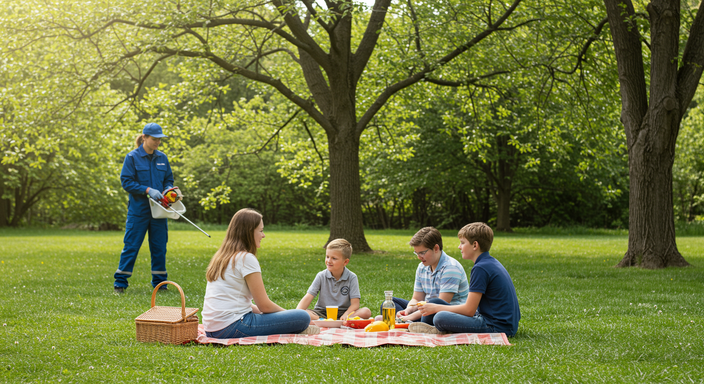 A serene outdoor scene of a family enjoying a picnic in their backyard, with a pest control technician working in the background. This portrays the harmony between nature and effective pest control.