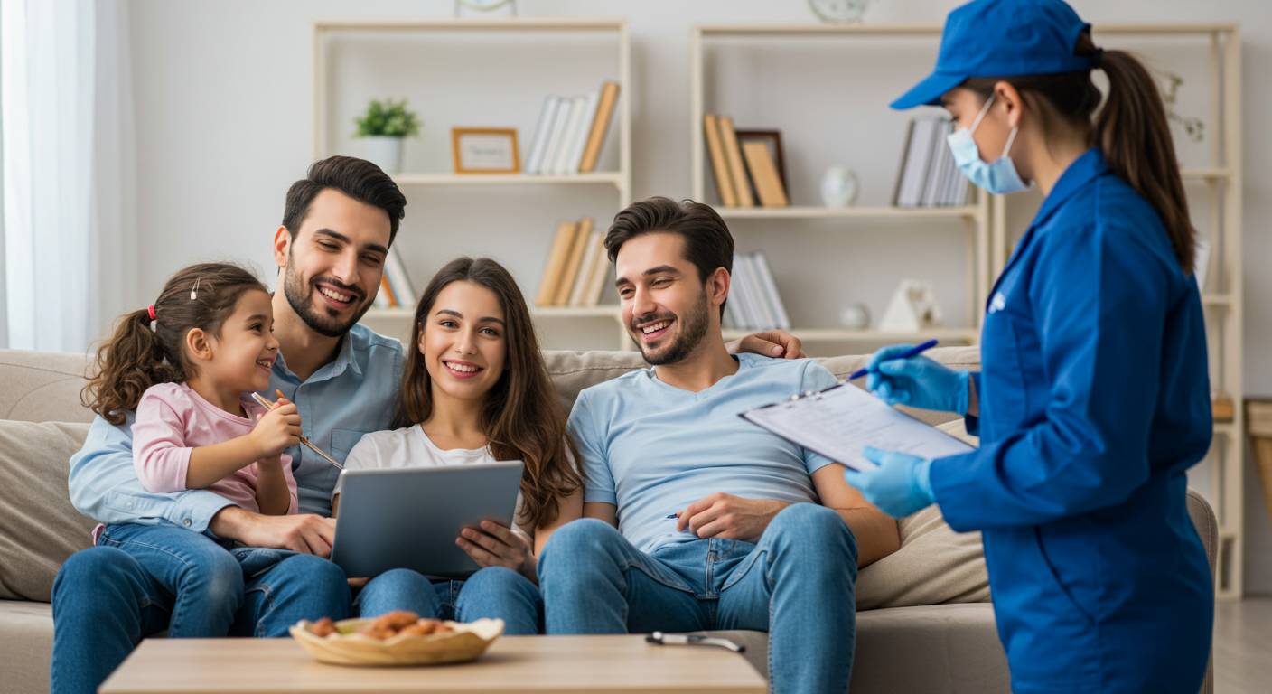 A family relaxing in their living room, enjoying their time together, with a pest control technician in the background completing a final inspection.