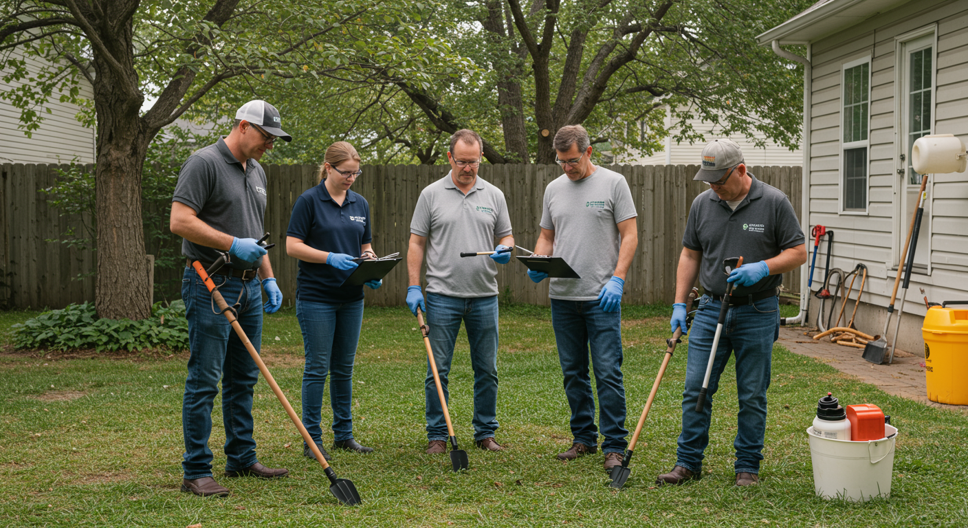 A family-owned pest control team working together in a residential backyard, showcasing their collaborative spirit. The team is actively inspecting the area for pests, with tools and equipment visible.