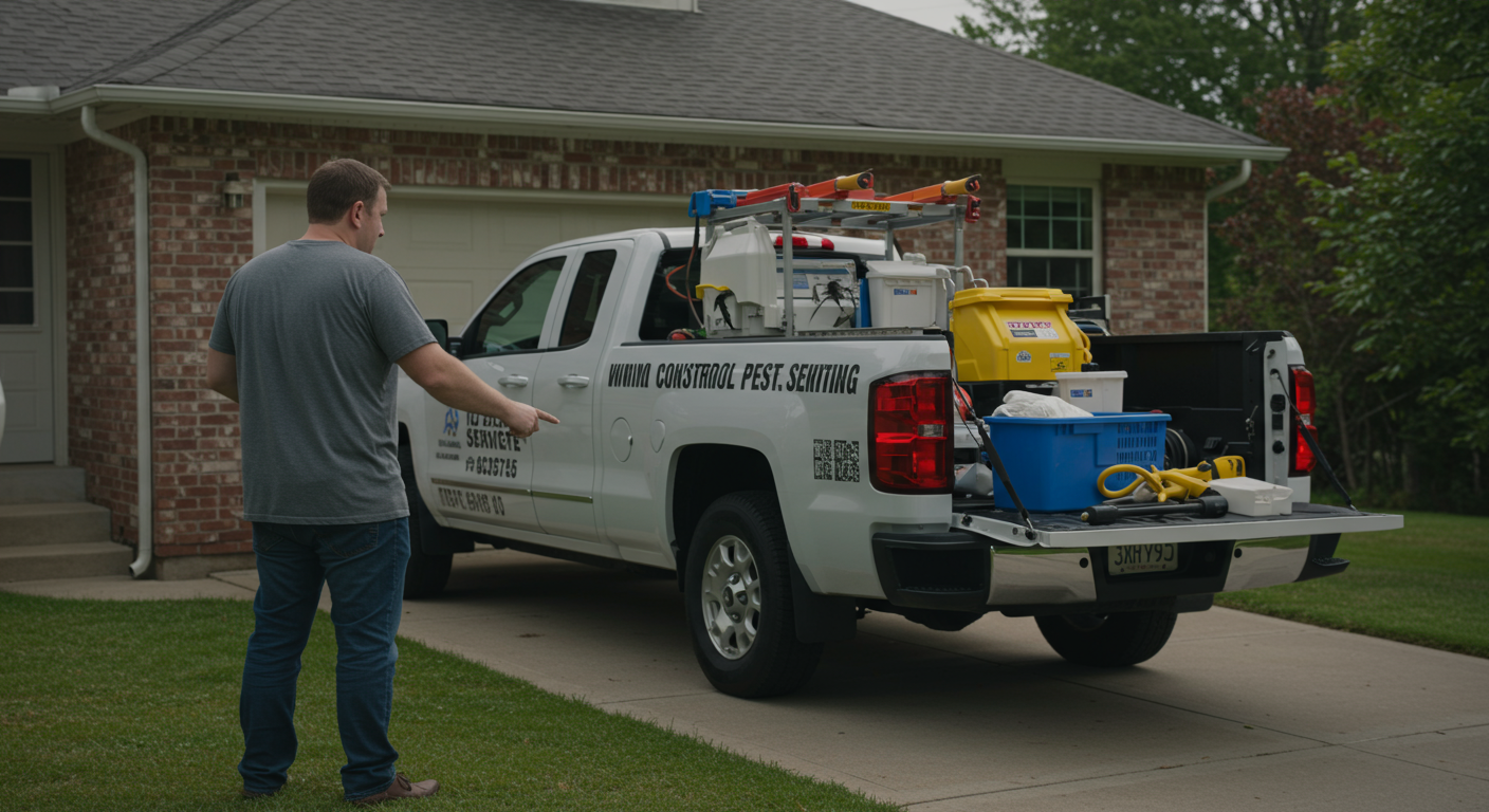 A frustrated homeowner standing outside their house, pointing at a pest control truck parked in the driveway. The truck has visible pest control equipment and tools, emphasizing the service aspect.
