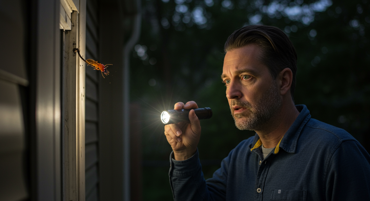 A concerned homeowner inspecting their property for signs of termites, with a flashlight in hand. The image conveys a sense of urgency and the importance of vigilance in termite prevention.