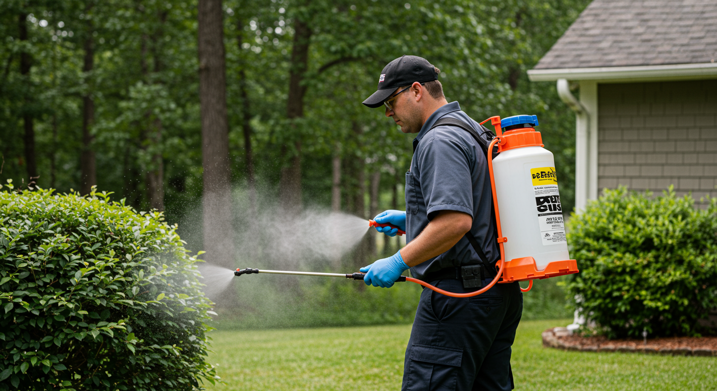 A pest control technician in uniform applying bug spray in a residential backyard, surrounded by lush greenery typical of Hattiesburg, MS. The technician is focused and professional, showcasing the service in action.