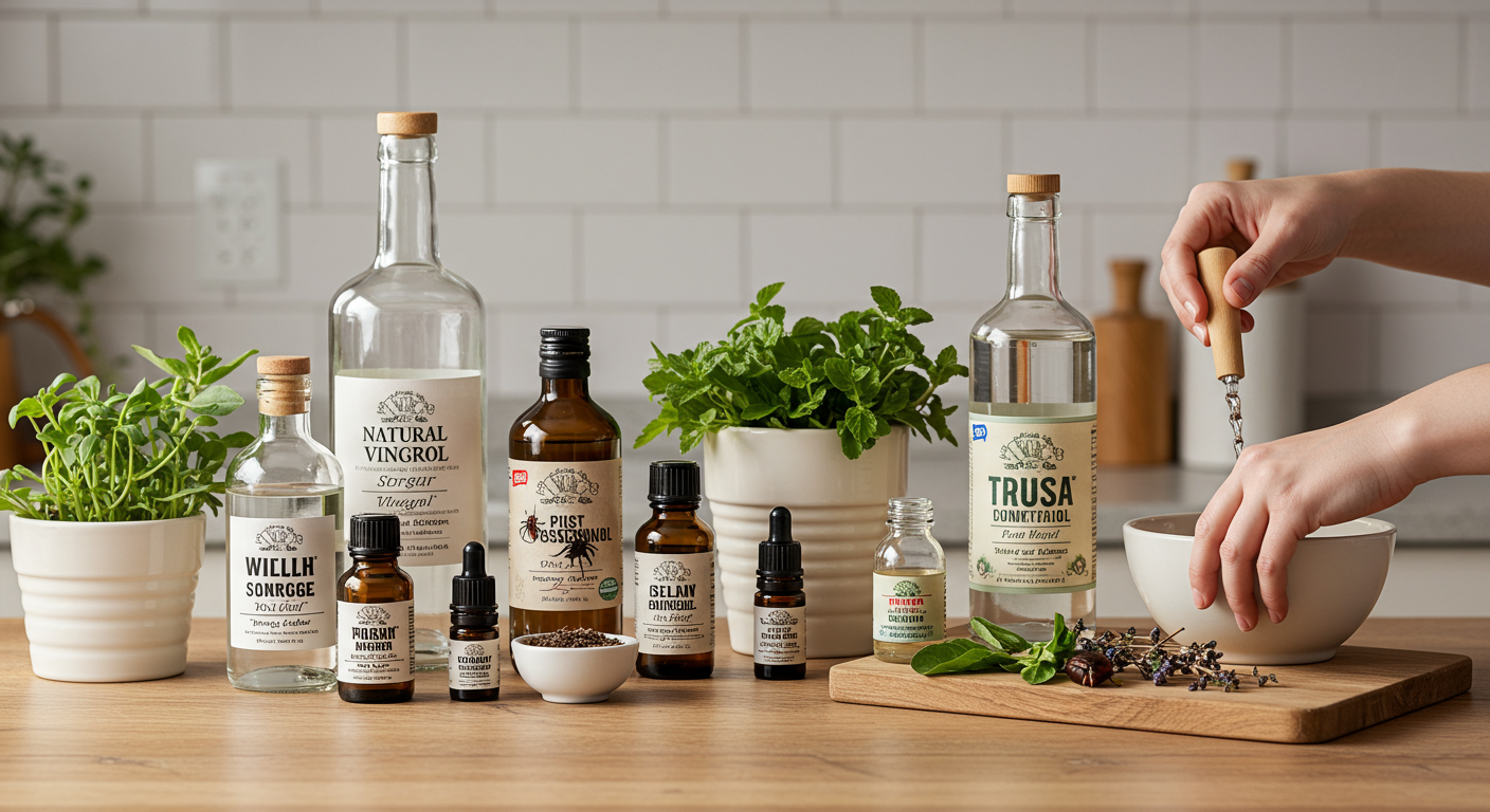 A serene kitchen scene featuring various natural pest control ingredients like vinegar, essential oils, and herbs displayed on a countertop. A hand is seen preparing a natural remedy, emphasizing a DIY approach.