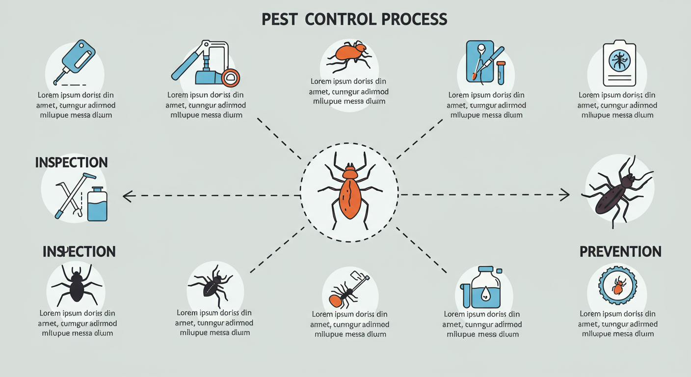 An infographic-style image that visually summarizes the steps of a pest control process, from inspection to treatment and prevention. This image is designed to be informative and visually appealing.