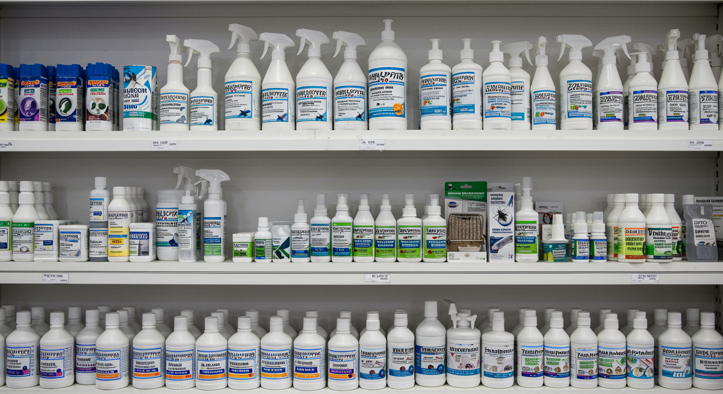A well-organized display of various pest control supplies, including sprays, traps, and baits, set against a clean, professional backdrop.