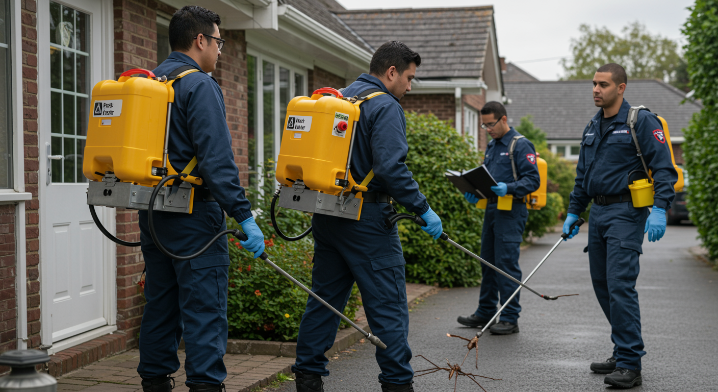 A dynamic image of a pest control team in action, using modern equipment to treat a residential property.