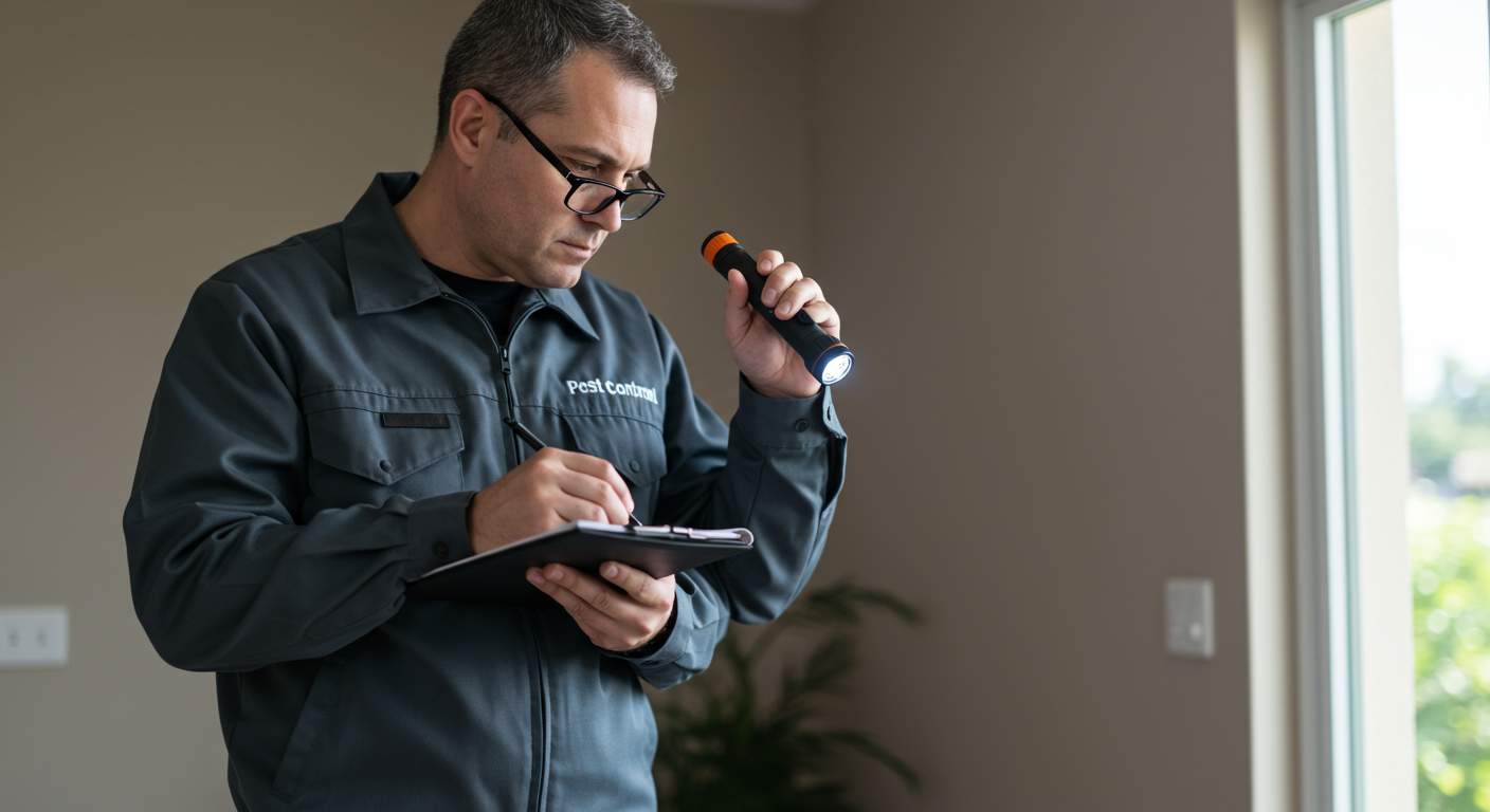 A professional pest control technician in uniform, inspecting a residential property for pests. The technician is using a flashlight and taking notes, showcasing thoroughness and expertise.