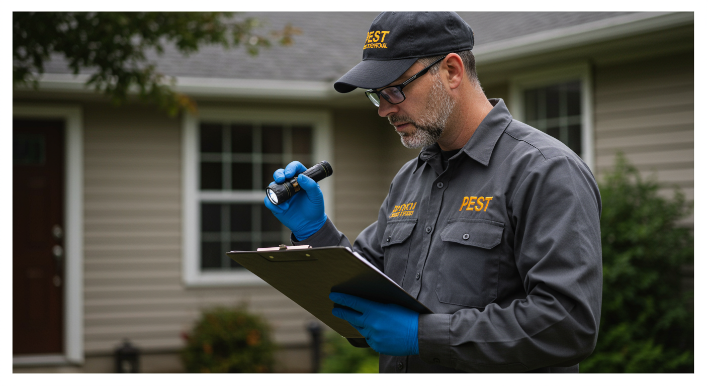 A professional pest control technician in uniform, inspecting a home’s exterior for signs of pest activity. The technician is using a flashlight and clipboard, showcasing a hands-on approach to pest management.