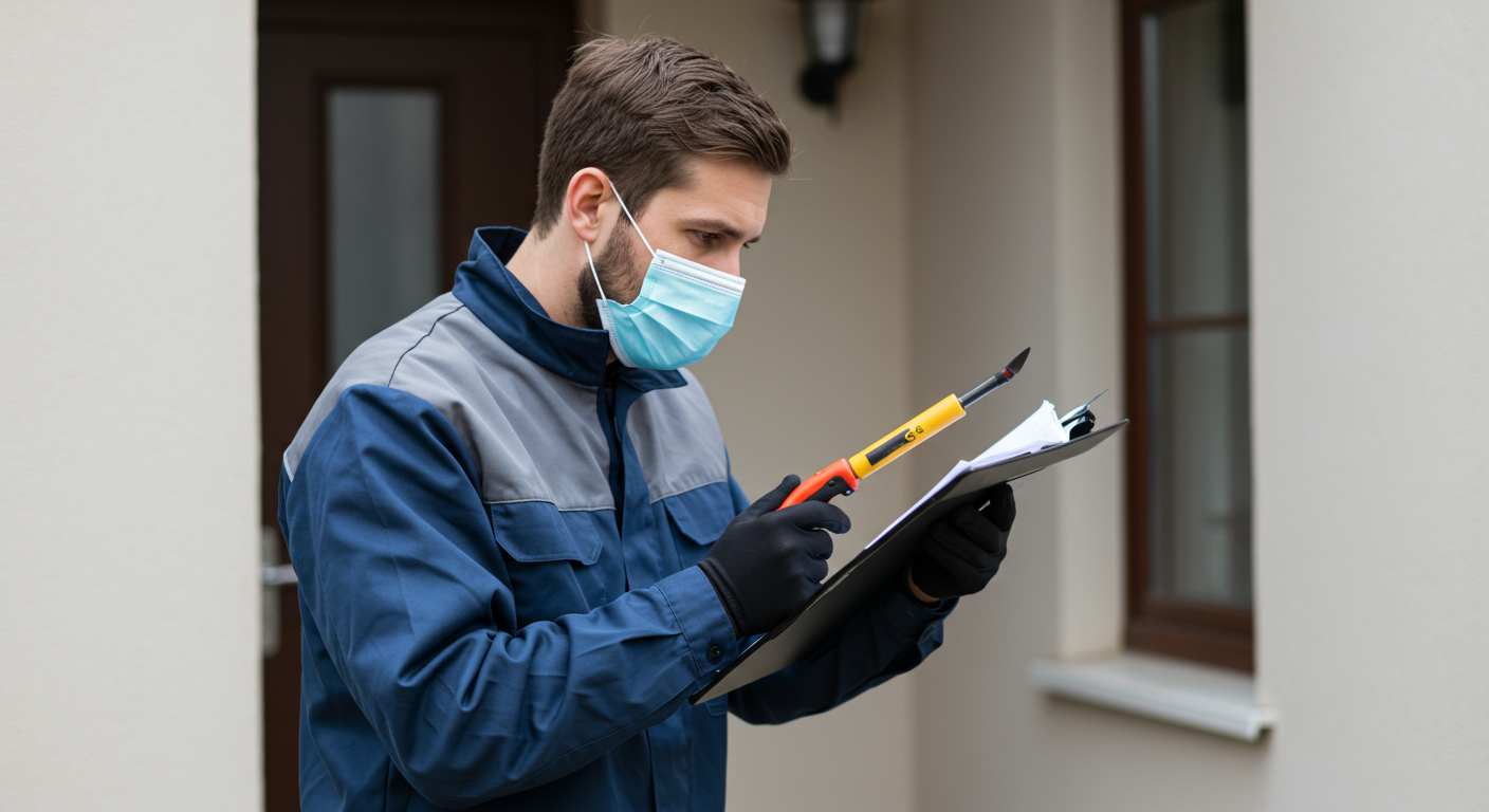 A professional pest control technician in uniform inspecting a residential property for pests, with a focus on the technician's tools and equipment.