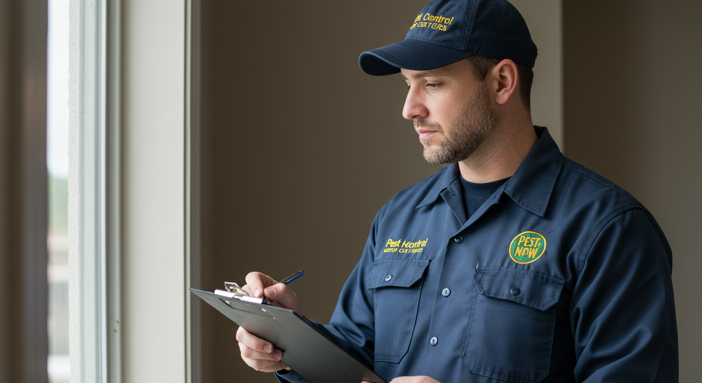 A pest control technician in uniform, inspecting a home for pests with a clipboard in hand. The technician is focused and professional, showcasing the service aspect of pest control.