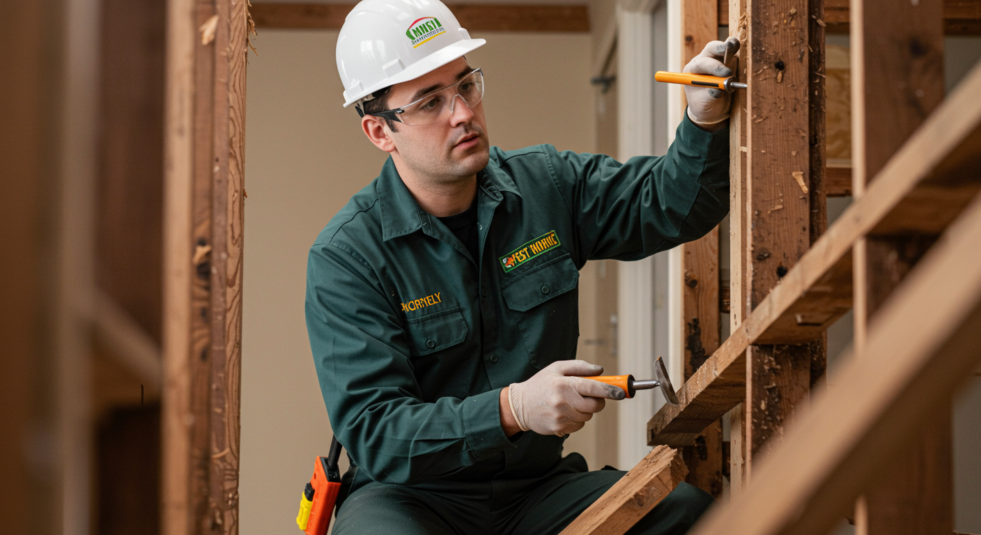 A pest control technician in uniform, inspecting a home for termite damage. The technician is using tools and looking closely at wooden structures.
