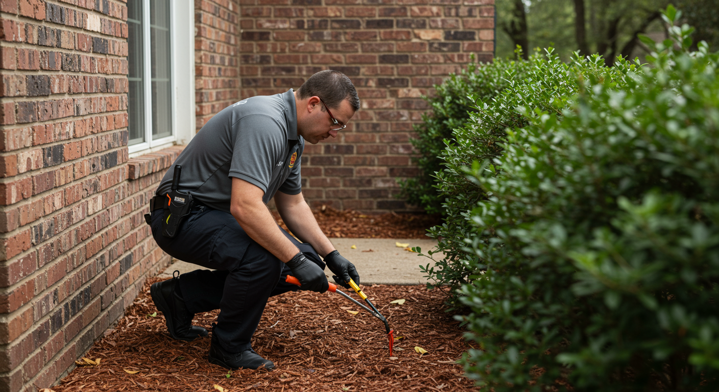 A professional pest control technician in uniform, inspecting a residential property in Southaven, MS. The technician is using tools to check for pests around the foundation of the house.