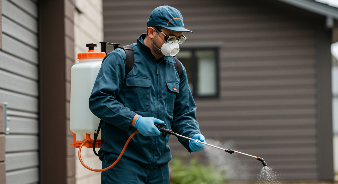 A professional pest control technician in uniform, applying treatment to a residential property. The technician is using a sprayer, showcasing a proactive approach to pest management.