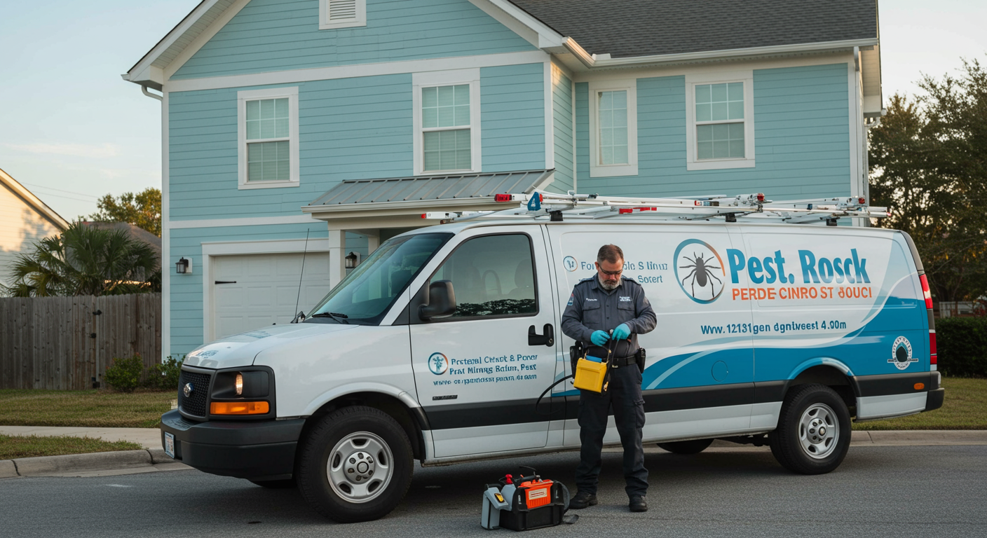 A pest control van parked in front of a Biloxi home, with the technician preparing equipment, symbolizing readiness and professionalism.