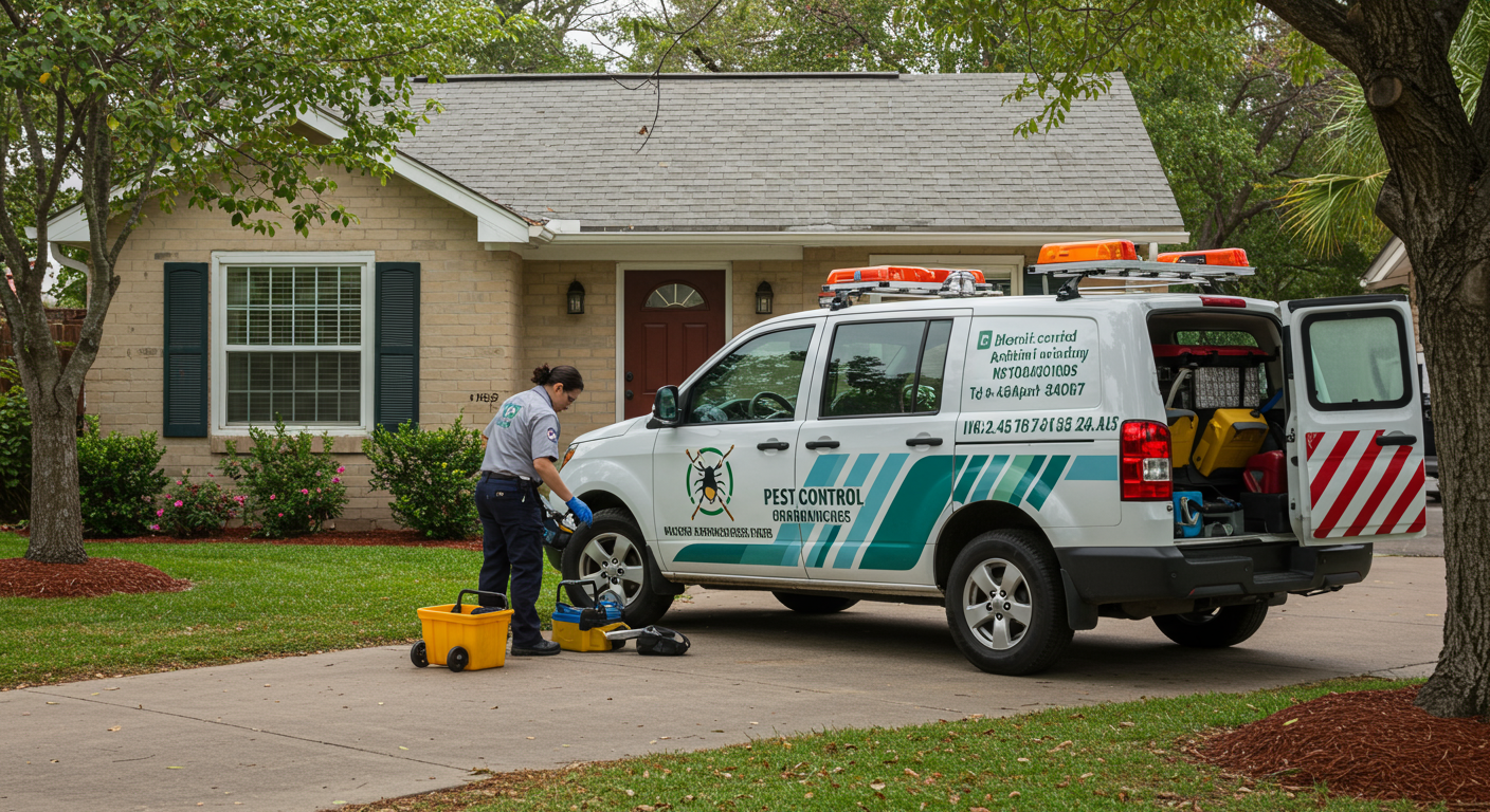 A pest control vehicle parked in front of a home, with the technician preparing equipment. The setting shows a well-maintained yard, indicating the effectiveness of pest control services.