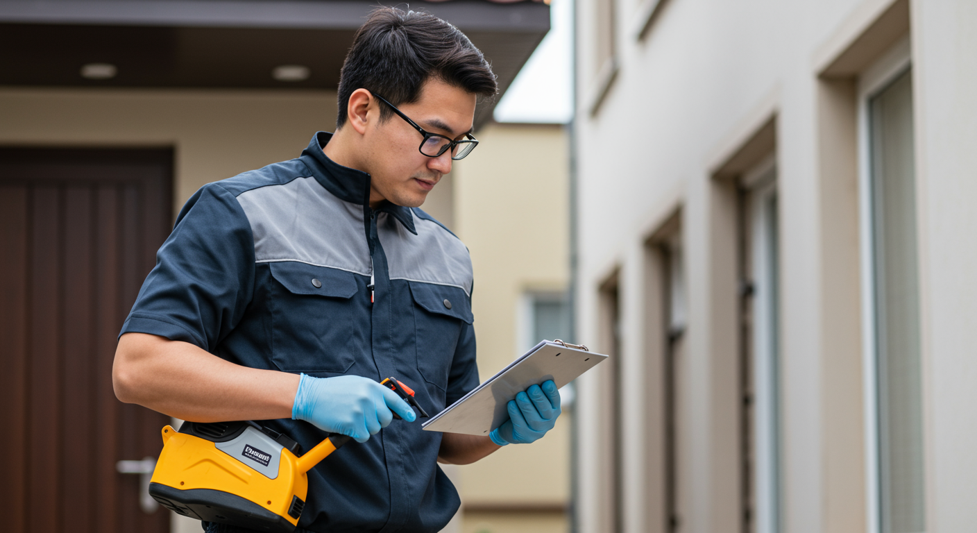 A professional pest control technician in uniform, inspecting a residential property for pests. The technician is using modern equipment and is focused on the task, showcasing expertise.