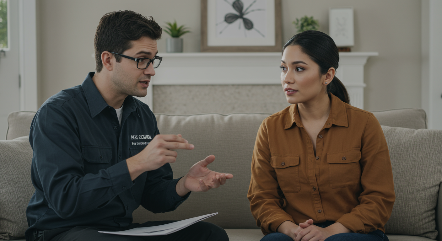 A pest control technician discussing pest management solutions with a homeowner in a living room. The technician is explaining the process while the homeowner listens attentively, showcasing the customer service aspect of the job.