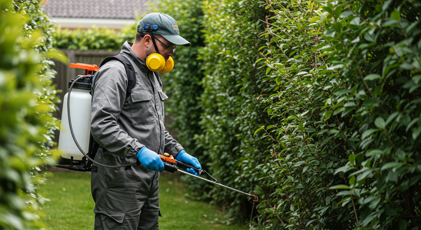 A pest control technician applying treatment in a backyard, focusing on a specific area where pests are likely to hide. The technician is wearing safety gear and is focused on the task.
