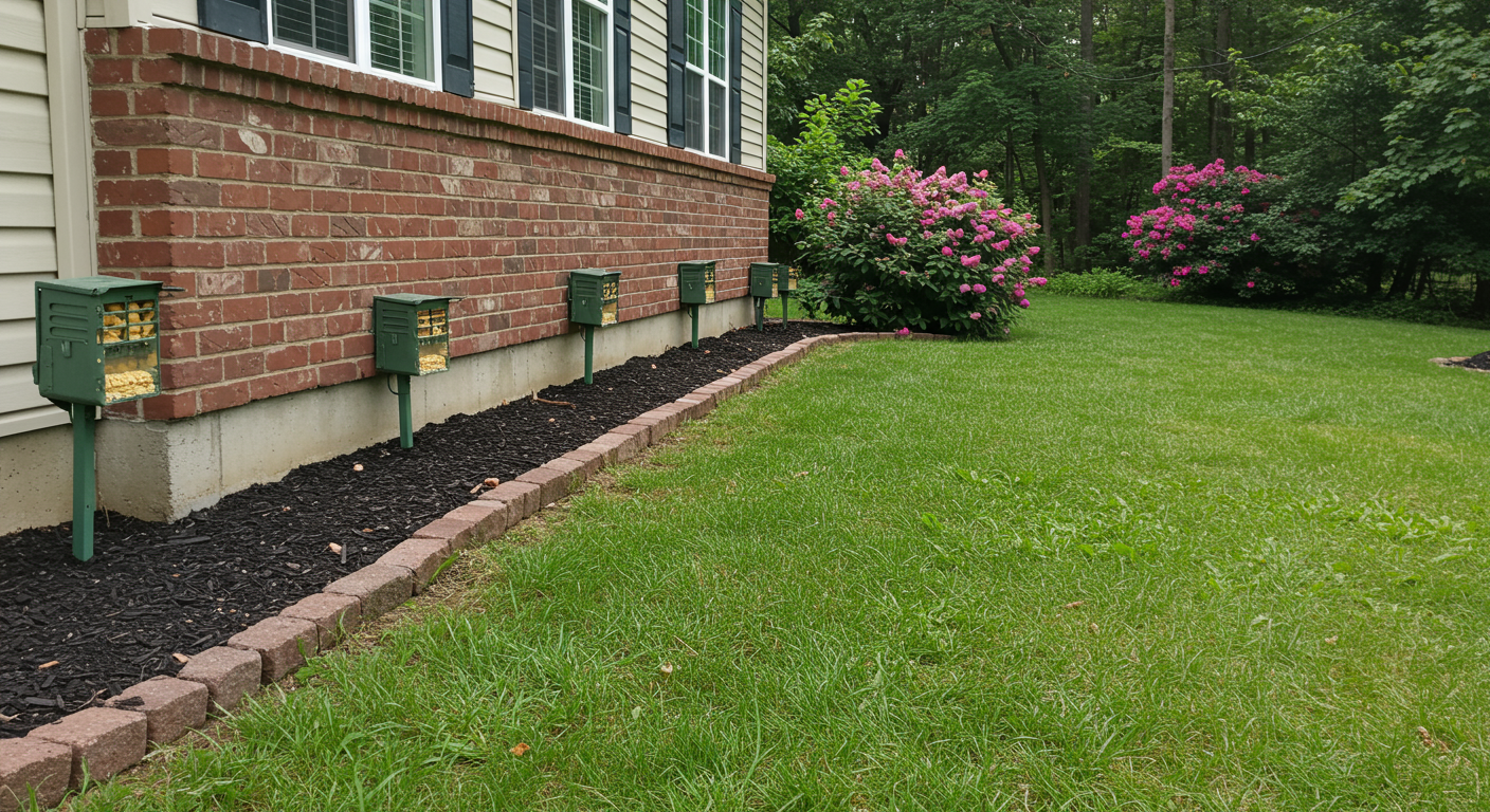 A visual representation of a termite bait system installed around a home’s perimeter, highlighting the proactive measures taken for termite control.
