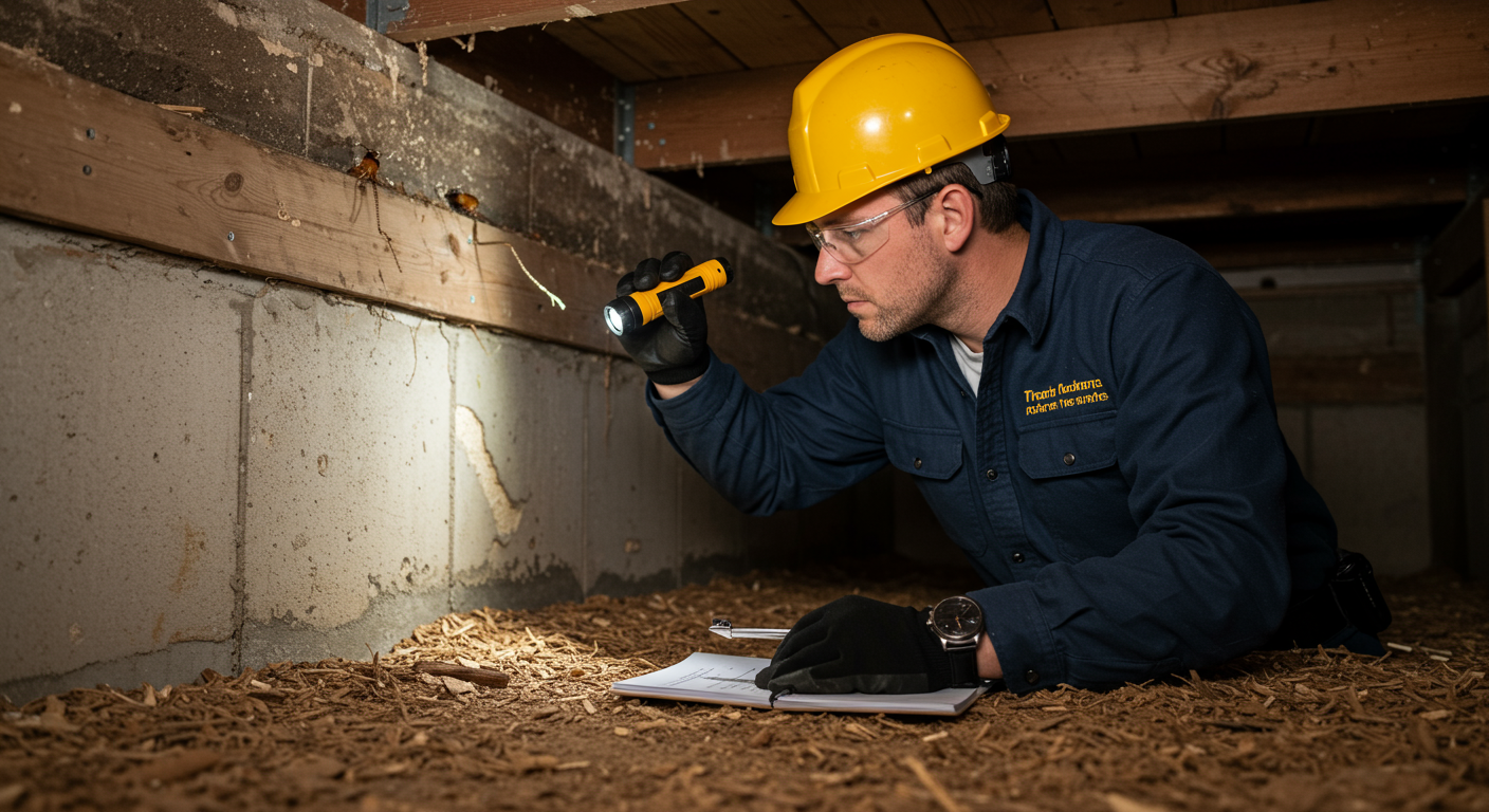 A professional pest control technician inspecting a home’s foundation for termite damage, using a flashlight and tools.
