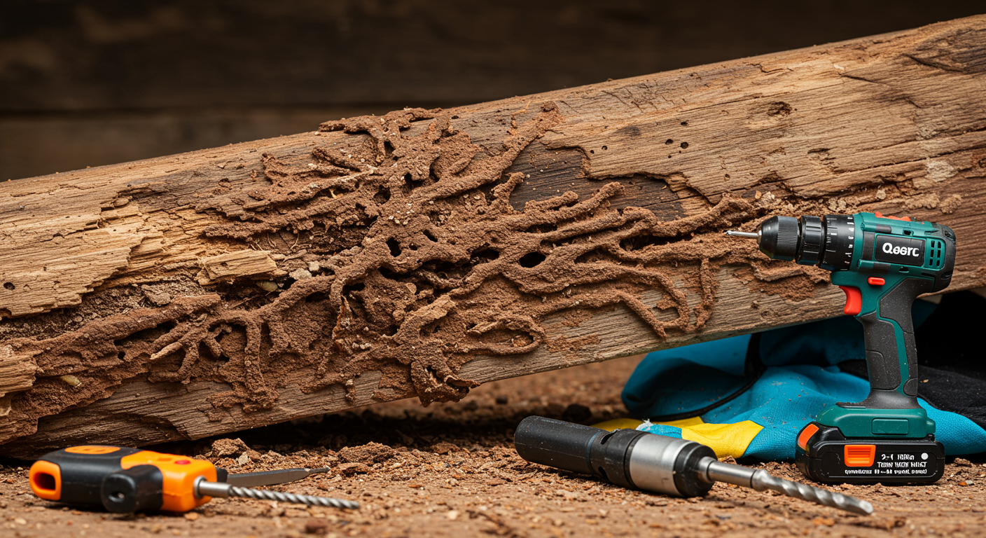 A detailed view of a termite infestation in wood, highlighting the damage caused by pests, with tools for pest control nearby.