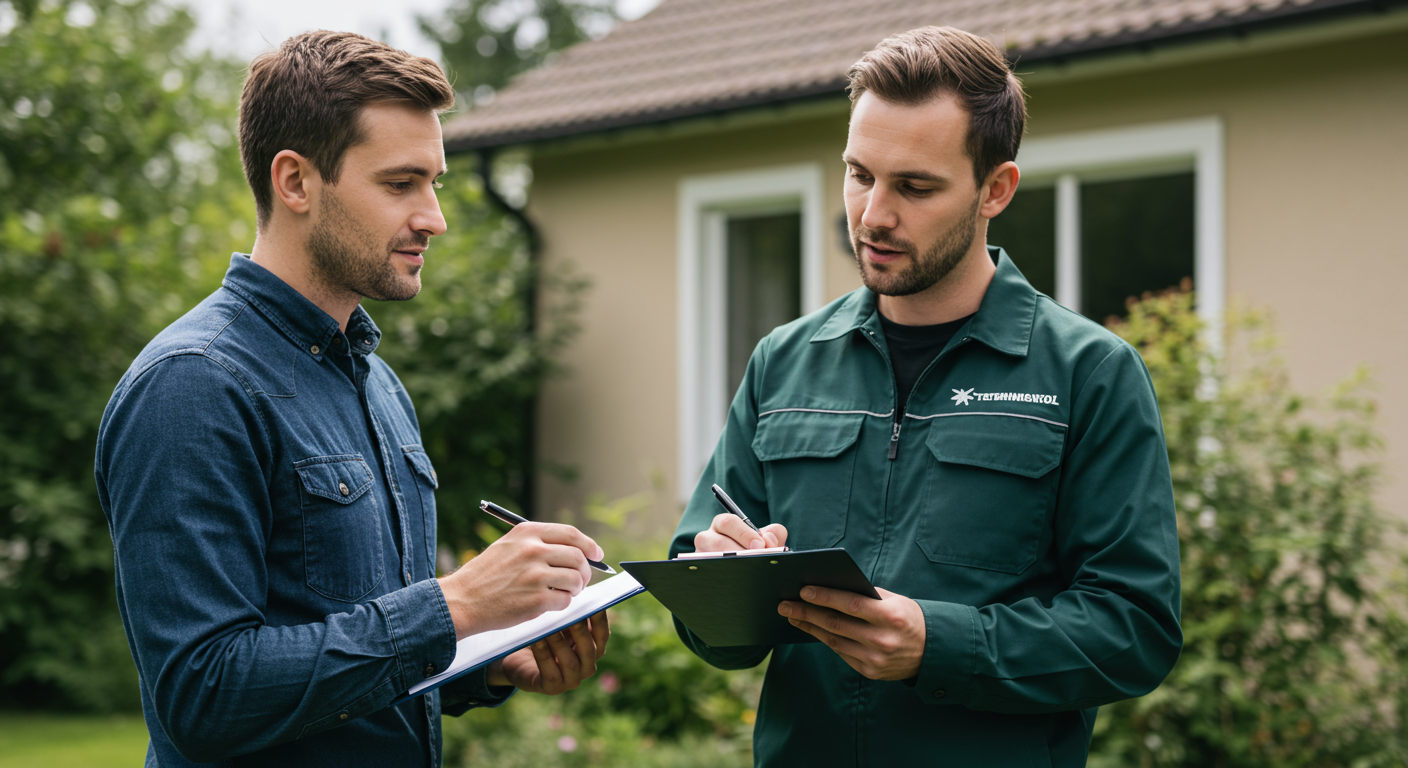 A friendly exterminator holding a clipboard and discussing pest control options with a homeowner in a well-kept garden. The scene conveys a sense of trust and affordability.
