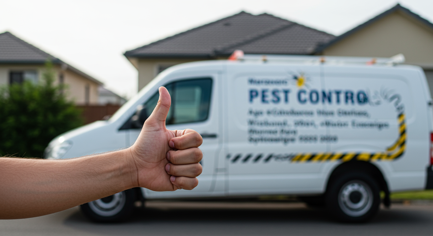 Customer giving a thumbs up in front of their home, with a pest control vehicle parked nearby.