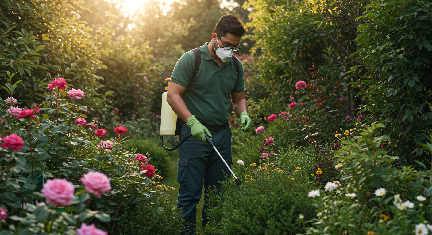 A pest control technician applying a natural pest control solution in a residential garden, surrounded by vibrant plants and flowers.