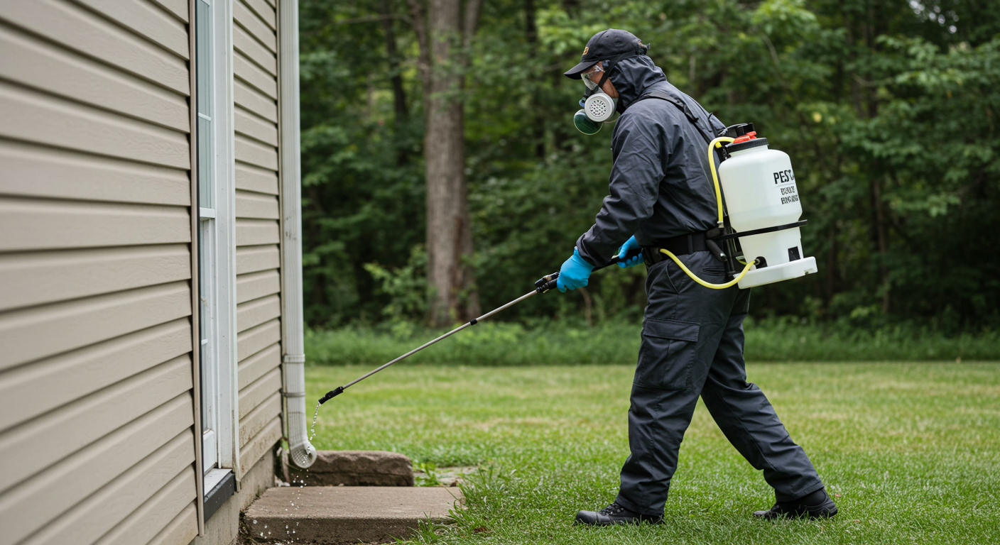 A pest control technician applying liquid treatment around the perimeter of a house.