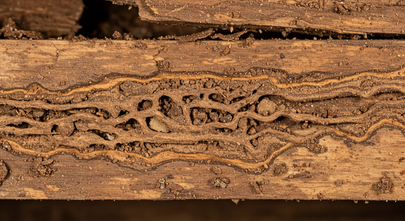 A detailed close-up shot showcasing the intricate damage caused by termites on wooden beams in a home.