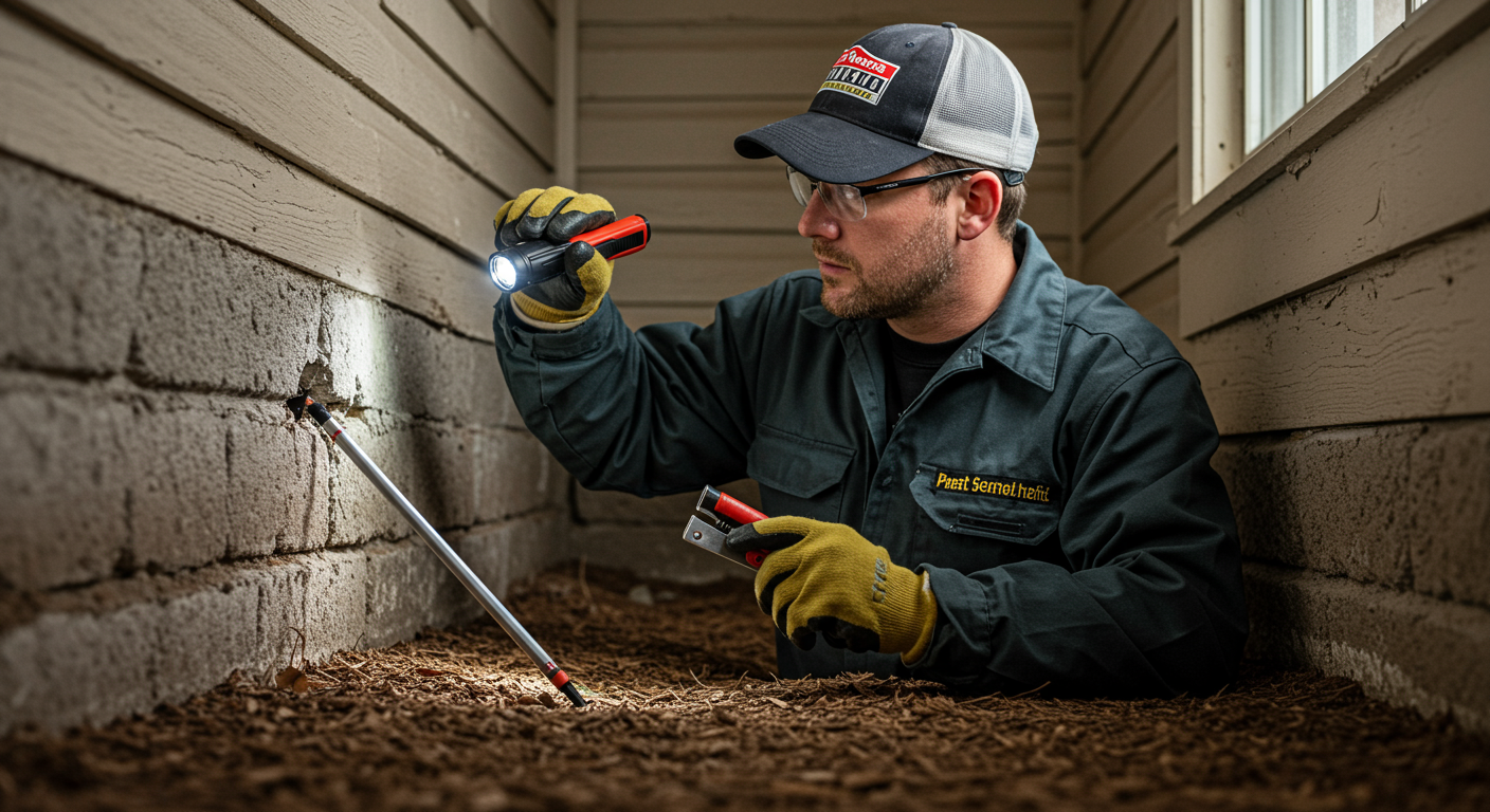 A pest control professional inspecting a home's foundation for termite activity, using a flashlight and tools. The focus is on the technician's attentive expression and the area being inspected.