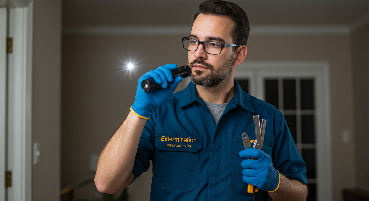 A professional exterminator in uniform, confidently inspecting a home for pests with a flashlight and tools in hand. The focus is on the exterminator's focused expression, showcasing expertise.