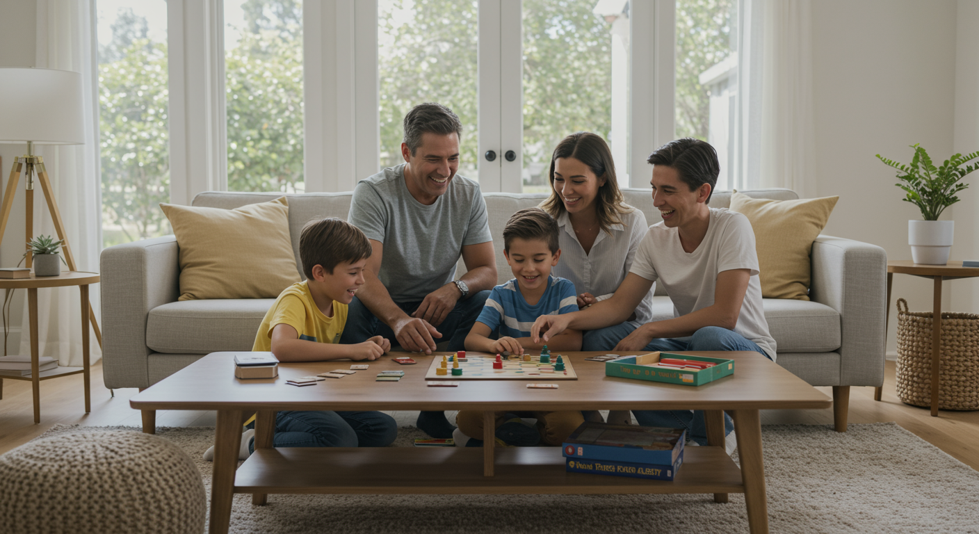 A happy family enjoying time together in their living room, with a pest-free environment, showcasing peace of mind.