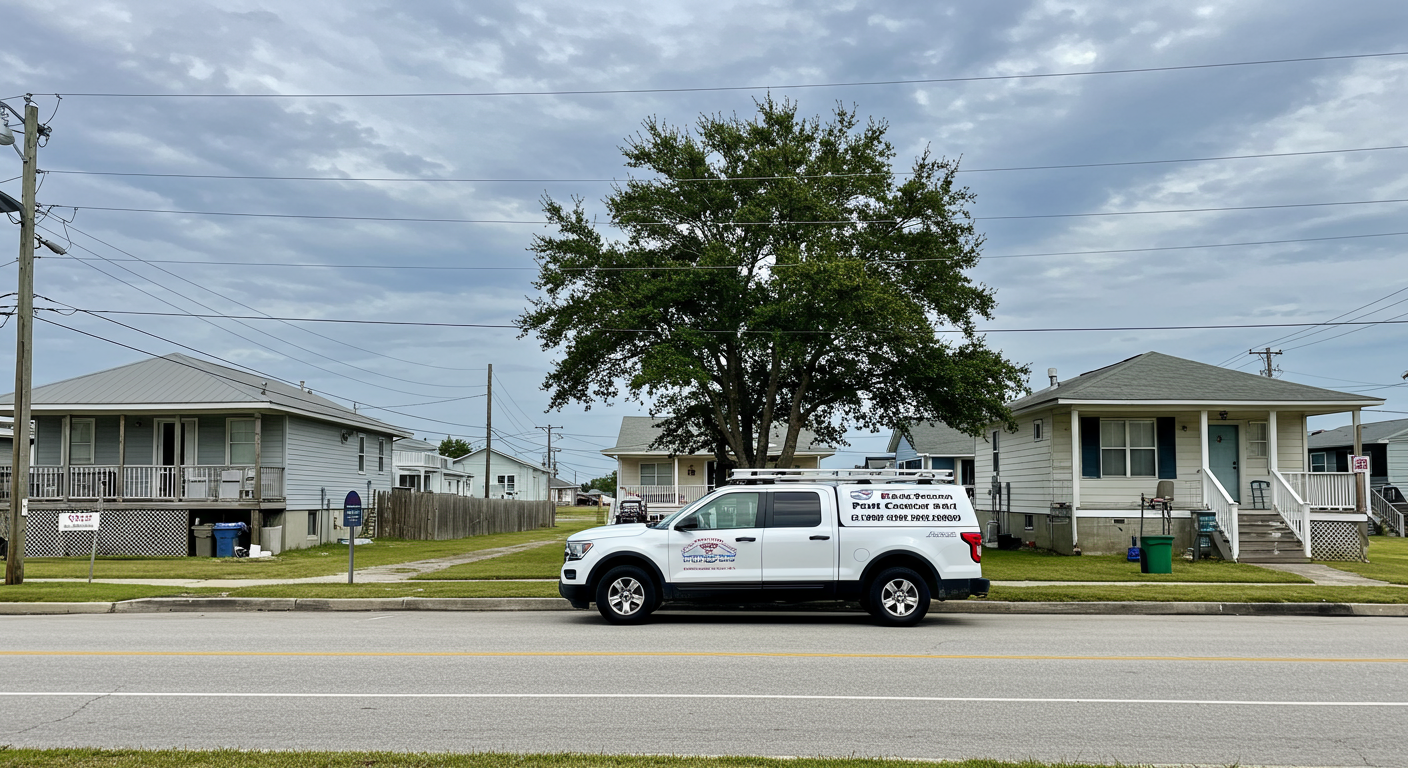A scenic view of Gulfport, MS, featuring a pest control vehicle parked near a residential area. The image captures the essence of the local community while emphasizing the pest control industry.
