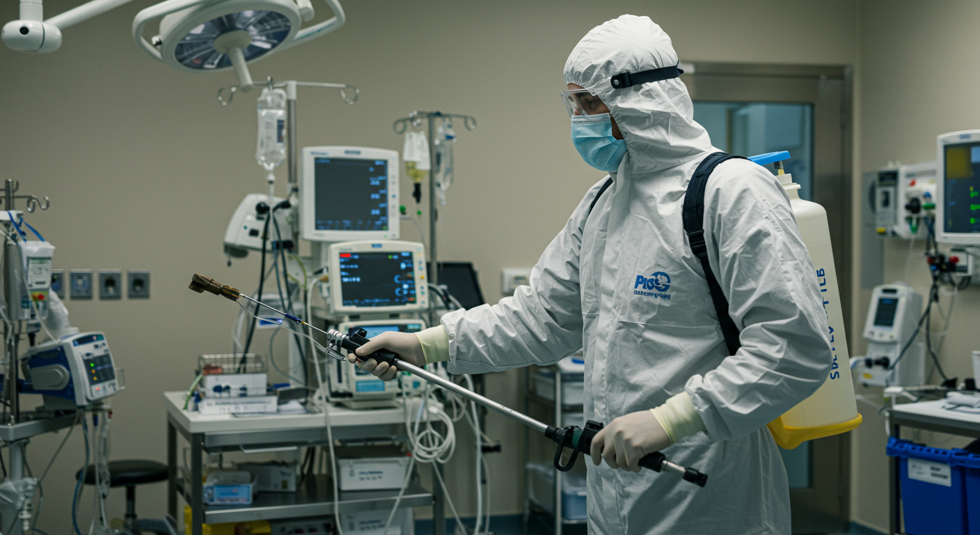 A pest control professional applying treatment in a healthcare facility, wearing protective gear.