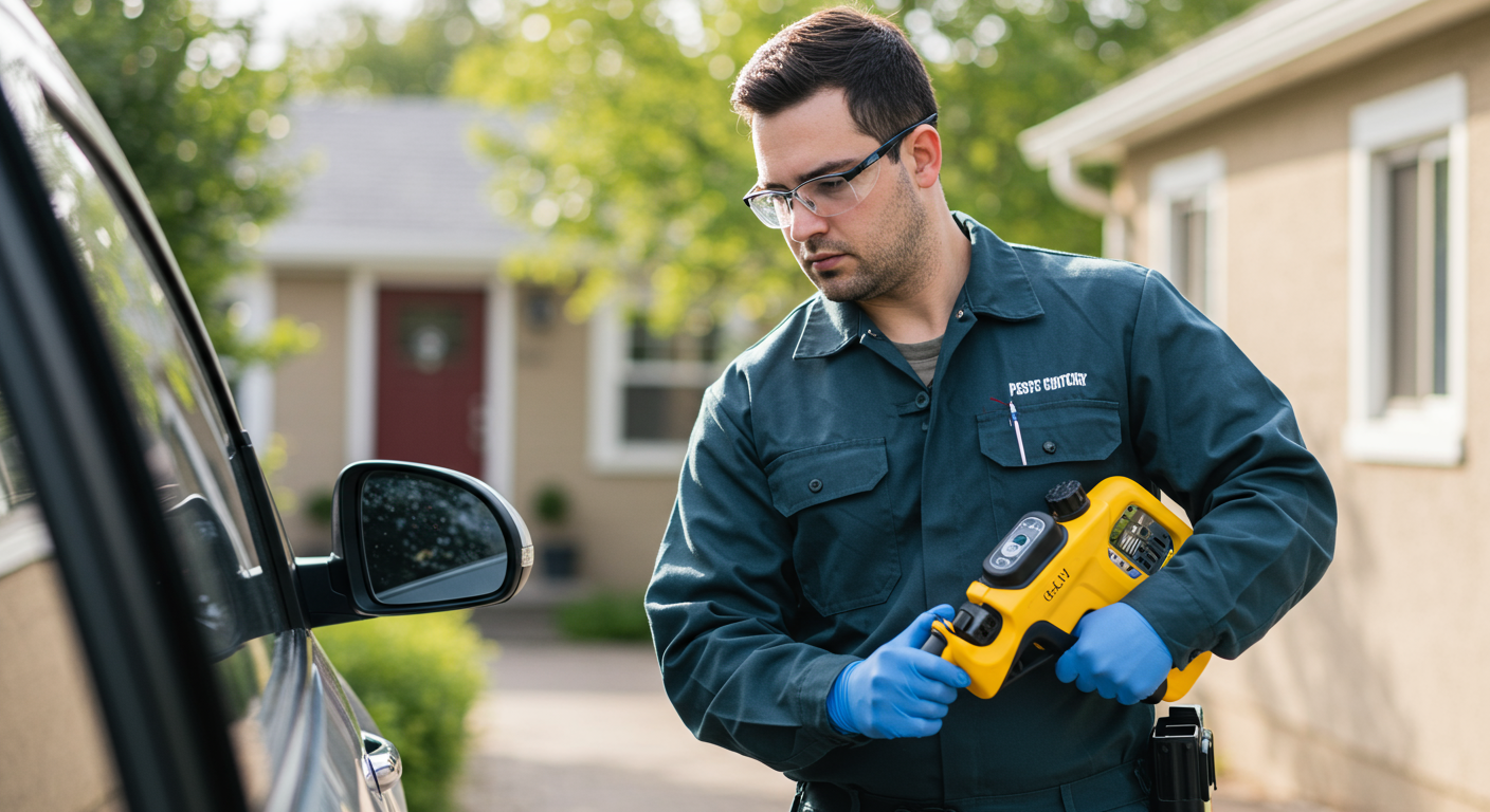 A pest control technician in uniform, actively inspecting a residential property for pests. The technician is using professional equipment, showcasing a commitment to thorough service.