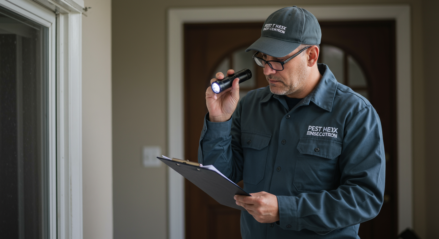 A professional pest control technician in uniform, inspecting a residential property for pests. The technician is using a flashlight and clipboard, showcasing a thorough inspection process.