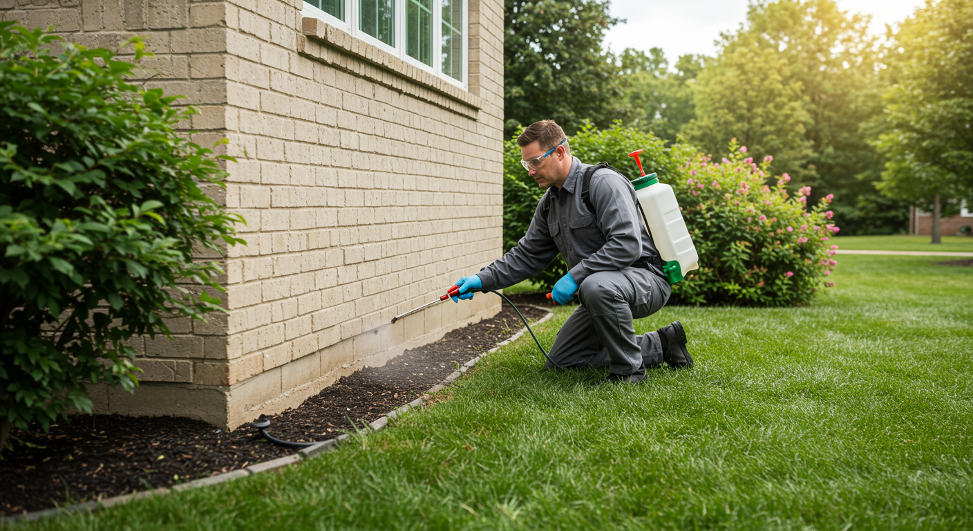 A pest control professional applying treatment around the foundation of a house, showcasing the proactive measures taken for pest prevention.