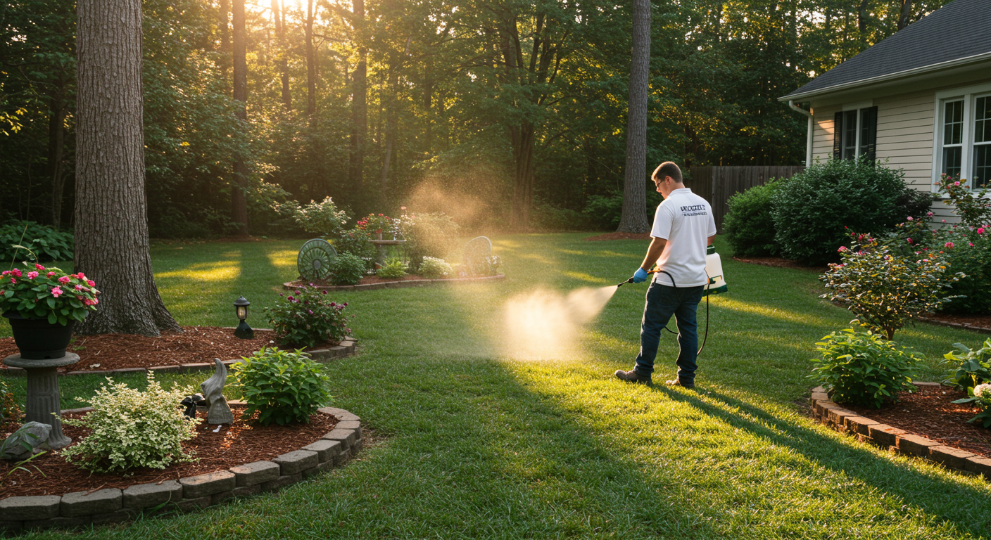 A serene backyard in Hattiesburg with a pest control technician applying preventive treatments, showcasing a healthy outdoor environment.