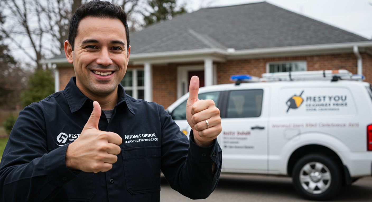 A satisfied customer giving a thumbs up in front of their home, with a pest control vehicle parked nearby, symbolizing trust and satisfaction in service.