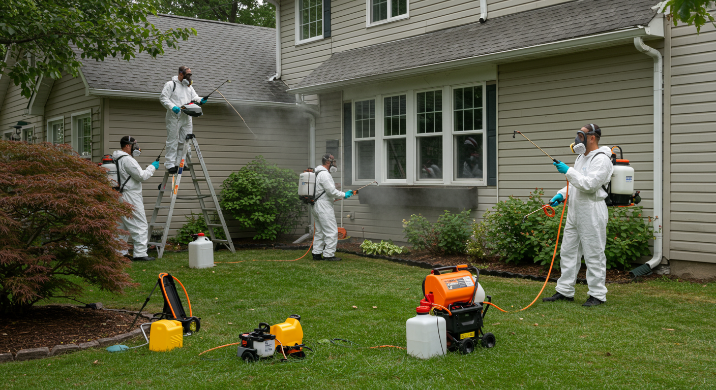 A group of pest control technicians in action, applying treatment around a home, with visible equipment and safety gear.