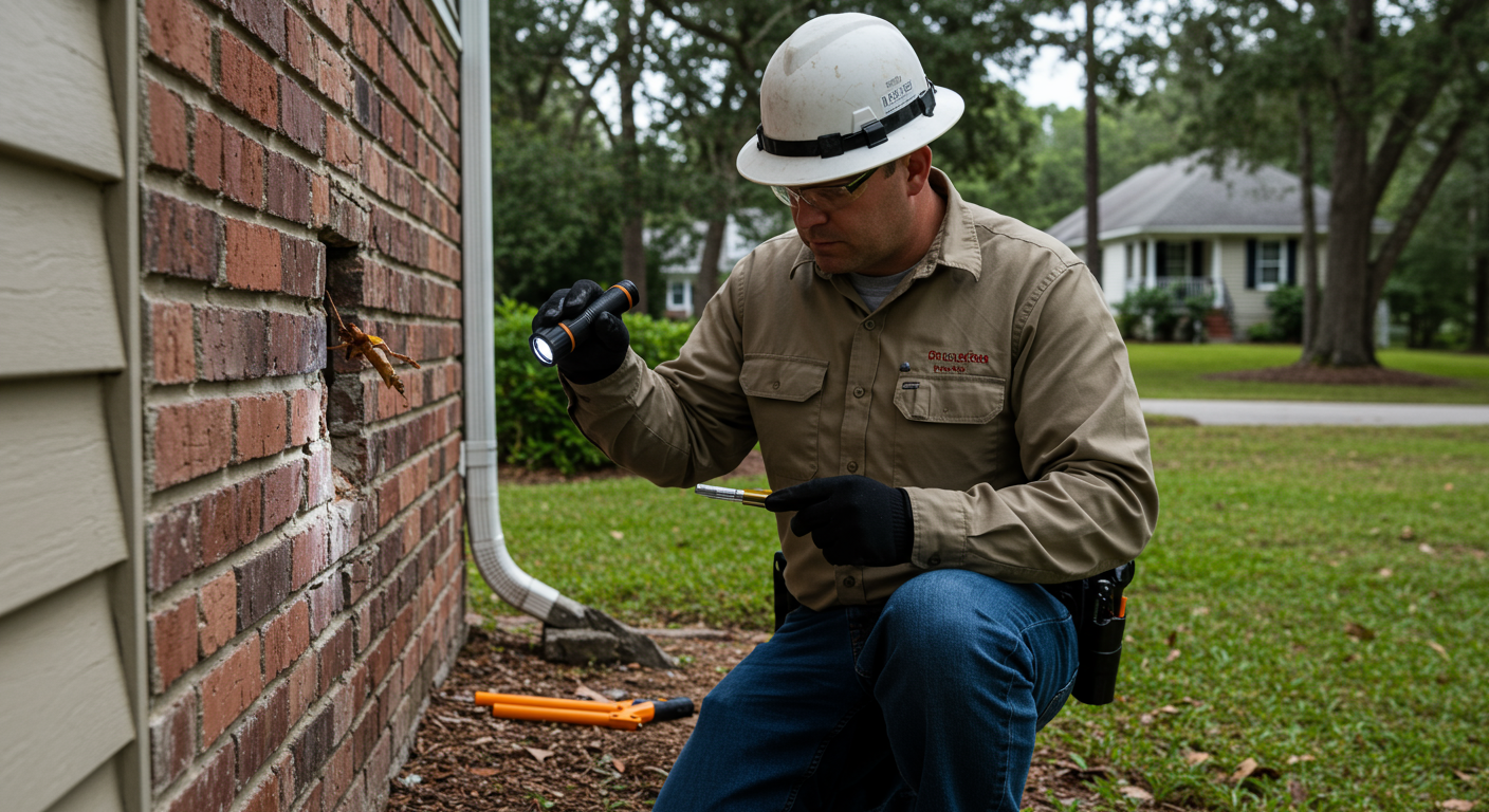 A professional pest control technician inspecting a home’s foundation for termite damage, using a flashlight and tools. The background shows a suburban Biloxi neighborhood with lush greenery.